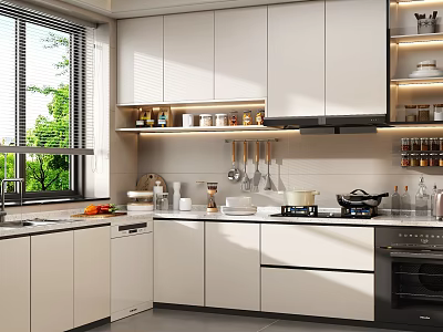 Modern White Kitchen With Large Window Green Trees Wall Cabinets Countertop And Appliances 3d model