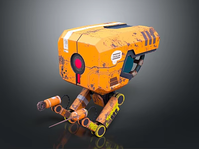Orange Scuffed Robot Game Character With Tracked Legs And Red Sensor 3d model