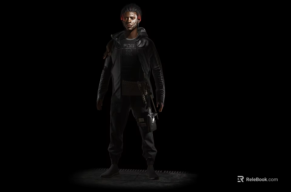 Man With Red Hair In Black Jacket And Tactical Gear Standing On Dark Background 3d model 