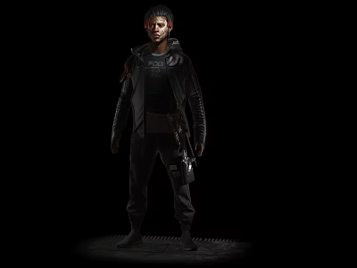 Man With Red Hair In Black Jacket And Tactical Gear Standing On Dark Background 3d model