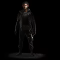 Man With Red Hair In Black Jacket And Tactical Gear Standing On Dark Background