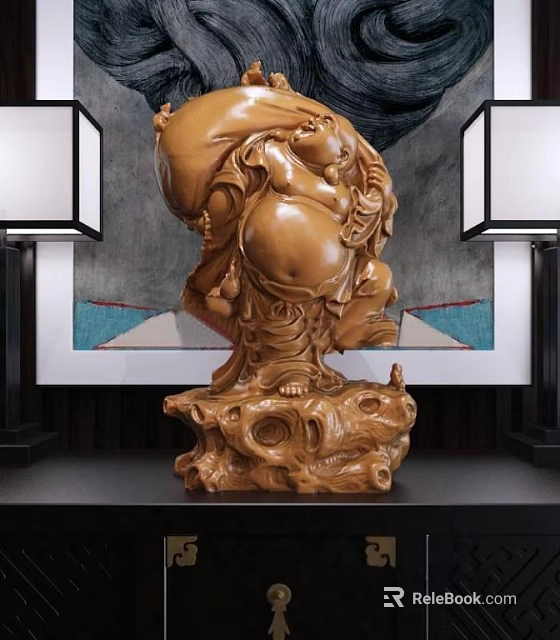 Wooden Maitreya Buddha Sculpture With Intricate Carving Details And Modern Decorative Background In Indoor 3d model 