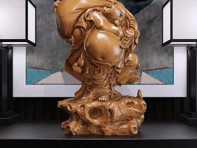 Wooden Maitreya Buddha Sculpture With Intricate Carving Details And Modern Decorative Background In Indoor 3d model