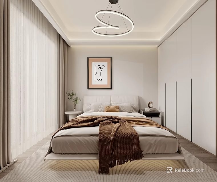 Modern Bedroom Interior Design With Round Chandelier Bed Brown Blanket Nightstand Plant And Painting 3d model 
