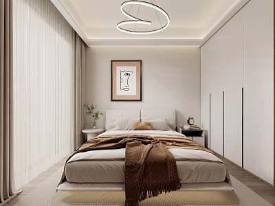 Modern Bedroom Interior Design With Round Chandelier Bed Brown Blanket Nightstand Plant And Painting 3d model