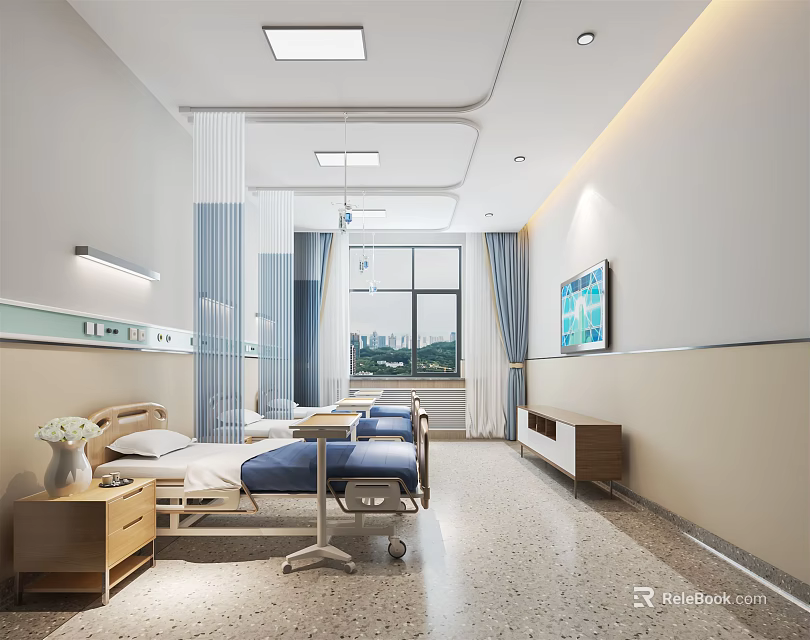 Modern Hospital Ward Interior With Medical Bed TV Equipment And Curtain Windows 3d model 