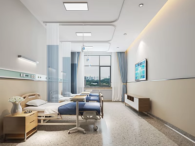 Modern Hospital Ward Interior With Medical Bed TV Equipment And Curtain Windows 3d model