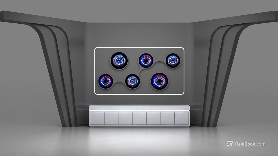 Gray Background Wall With Circular Colorful Patterns And White Base Structure 3d model 