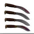 Four Curved Weapons Knives With Brown Wooden Handles And Intricate Blade Patterns