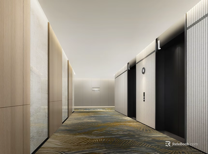 Modern Elevator Corridor Interior Design With Wall Panels And Patterned Carpet 3d model