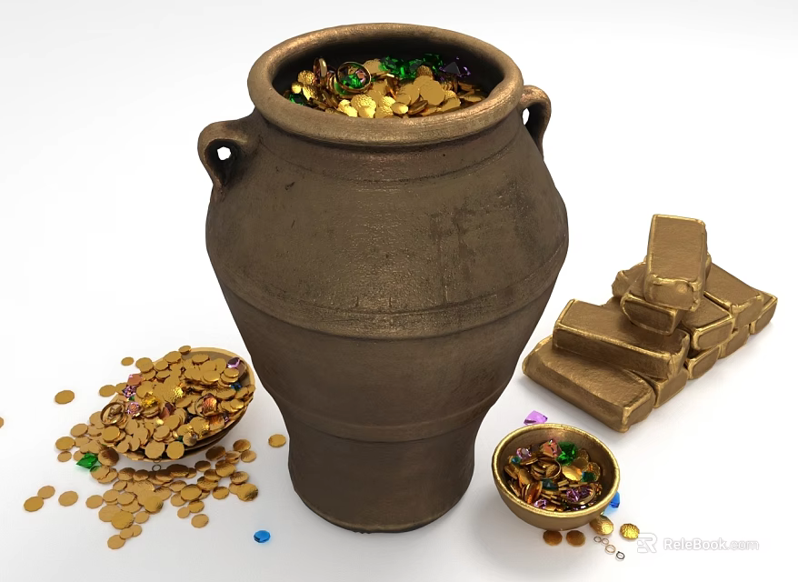 Vintage Jewelry Collection With Clay Pot Gold Coins Colorful Gemstones And Gold Bars 3d model 