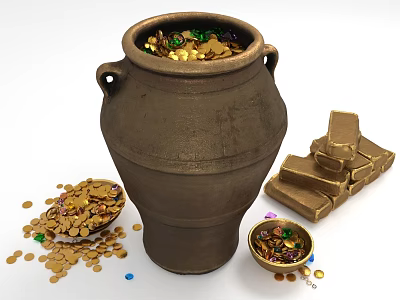 Vintage Jewelry Collection With Clay Pot Gold Coins Colorful Gemstones And Gold Bars 3d model