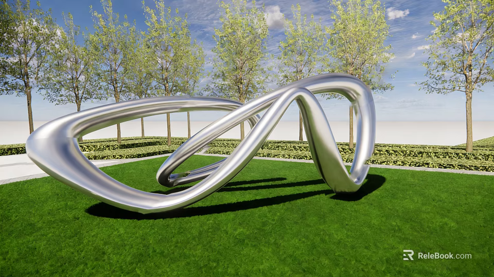 Silver Metallic Landscape Sculpture With Twisted Loop On Green Lawn And Trees Under Blue Sky 3d model 