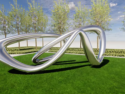 Silver Metallic Landscape Sculpture With Twisted Loop On Green Lawn And Trees Under Blue Sky 3d model