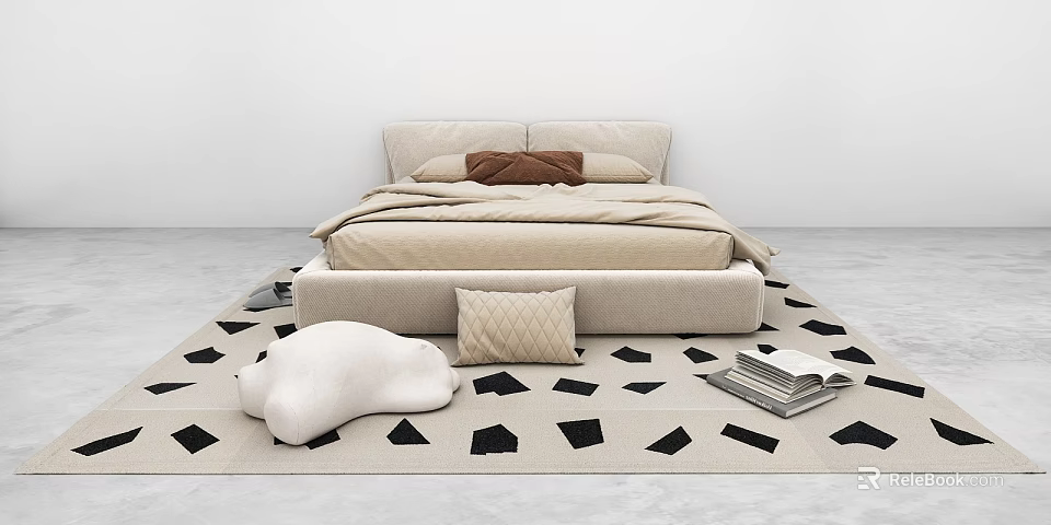 Minimalist Double Bed with Neutral Bedding Pillows on Geometric Rug and Cloud Shaped Cushion 3d model 