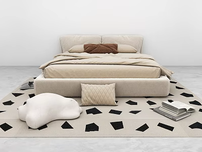 Minimalist Double Bed with Neutral Bedding Pillows on Geometric Rug and Cloud Shaped Cushion 3d model