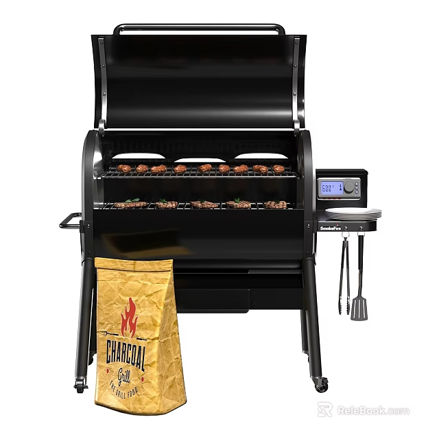 Black Outdoor Grill With Digital Display Grilled Food Yellow Bag And Tools 3d model 