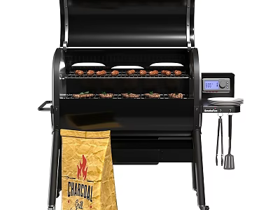 Black Outdoor Grill With Digital Display Grilled Food Yellow Bag And Tools 3d model