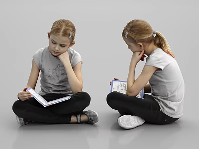 Young Girls Sitting On Floor Reading Books And Writing In Notebooks 3d model