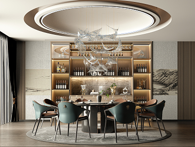 New Chinese Restaurant Dining Table and Chair Chandelier 3d model