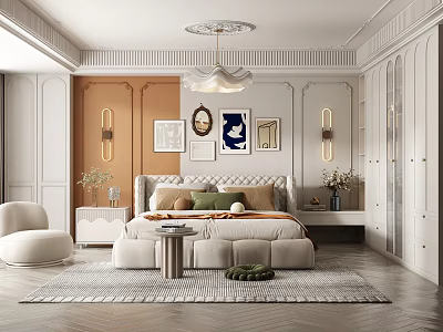Modern Stylish Bedroom Interior With Upholstered Headboard Decorative Artworks Round Accent Chair And Area Rug 3d model