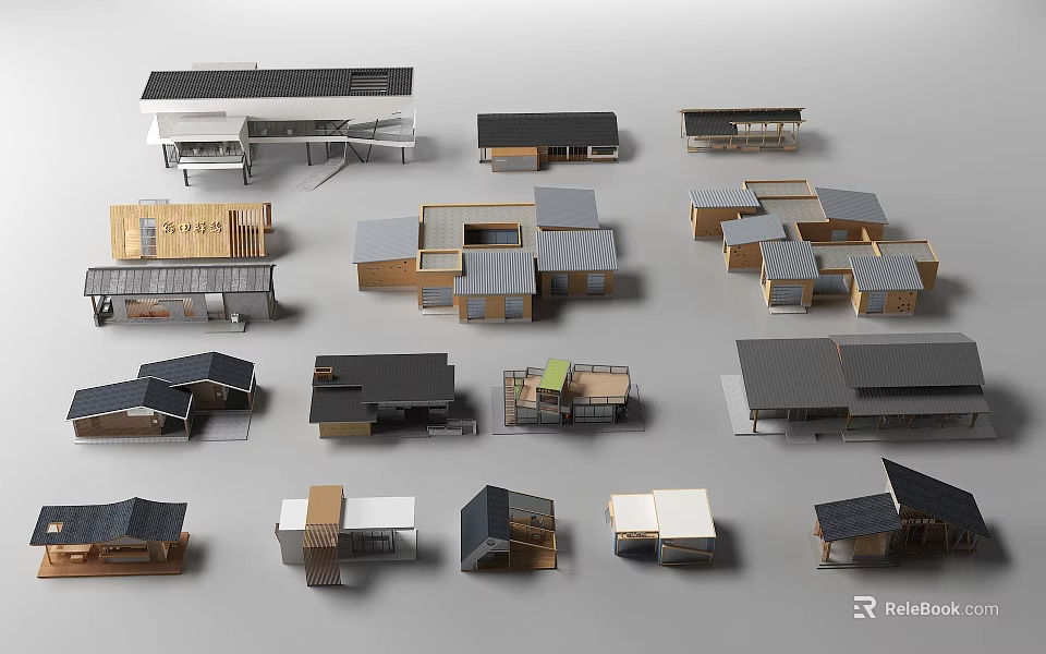 Various Post Station Architectural Models Featuring Different Roof Designs And Structures 3d model