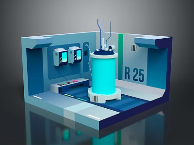 Cartoon Scene of Tech Room With Blue Cylindrical Device Control Panels and R 25 Label 3d model