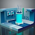 Cartoon Scene of Tech Room With Blue Cylindrical Device Control Panels and R 25 Label