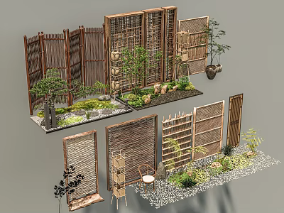 Outdoor Garden Fence Design Ideas Featuring Bamboo Screens Plants And Stones 3d model