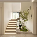 Modern Minimalist Entryway With Illuminated Staircase And Green Moss Garden