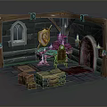 Cartoon Medieval Room Scene with Stone Walls Wooden Frame Arched Window Shield Candles and Chests