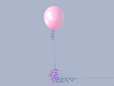Pink Balloon With Purple Curly String Against Light Blue Background And Shadow 3d model