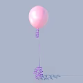 Pink Balloon With Purple Curly String Against Light Blue Background And Shadow