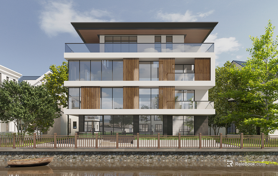 Modern Detached Villa with Multi storey Design Large Glass Windows Wooden Cladding and River View 3d model 