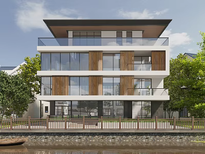 Modern Detached Villa with Multi storey Design Large Glass Windows Wooden Cladding and River View 3d model