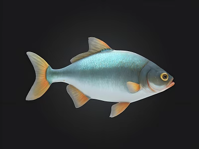 Silver Fish With Orange Fins Tail And Yellow Eyes Against Black Background 3d model
