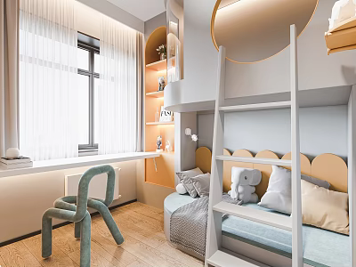 Kids Room Interior Design With Ladder Bed Light Blue Chair Desk And Stuffed Toy 3d model