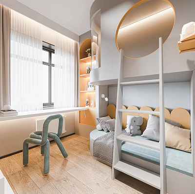 Kids Room Interior Design With Ladder Bed Light Blue Chair Desk And Stuffed Toy 3d model