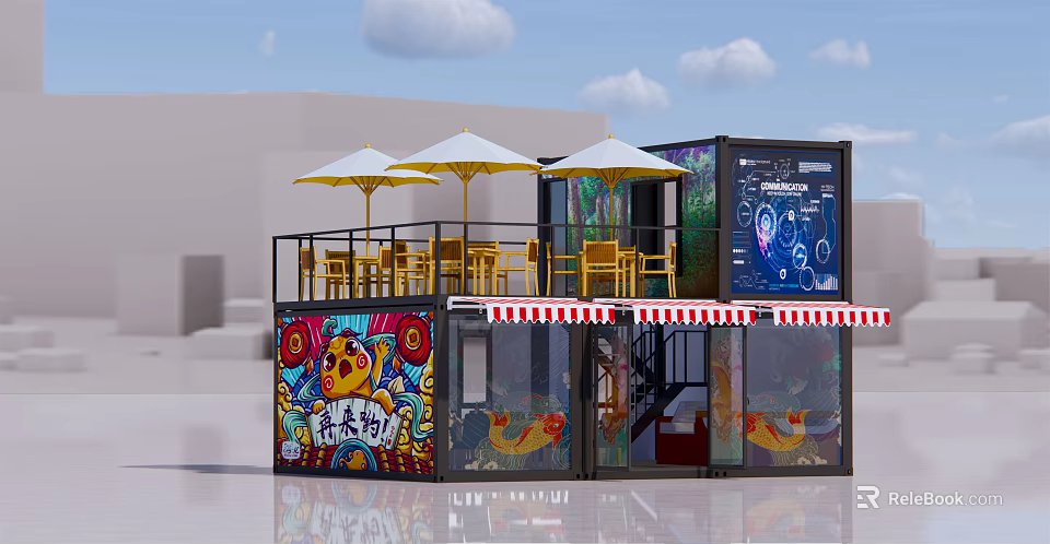 Container Converted Commercial Complex With Colorful Graffiti And Second Floor Outdoor Seating With White Umbrellas 3d model 