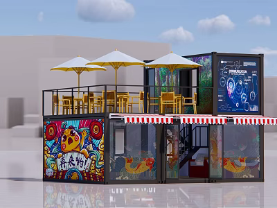 Container Converted Commercial Complex With Colorful Graffiti And Second Floor Outdoor Seating With White Umbrellas 3d model