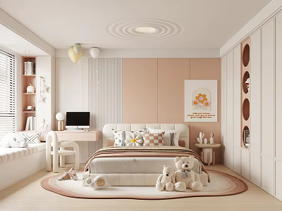 Kids Room With Pink Walls White Furniture Desk Computer Stuffed Toys Round Rug And Bed 3d model