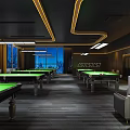 Modern Billiard Room Interior With Green Pool Tables Golden Ceiling Lines And Large Windows