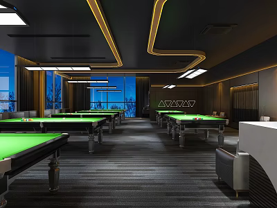 Modern Billiard Room Interior With Green Pool Tables Golden Ceiling Lines And Large Windows 3d model