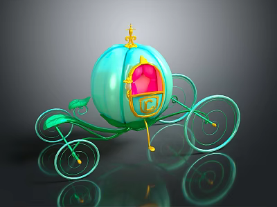 Blue Fairy Tale Pumpkin Carriage With Golden Accents Pink Interior And Green Wheels 3d model