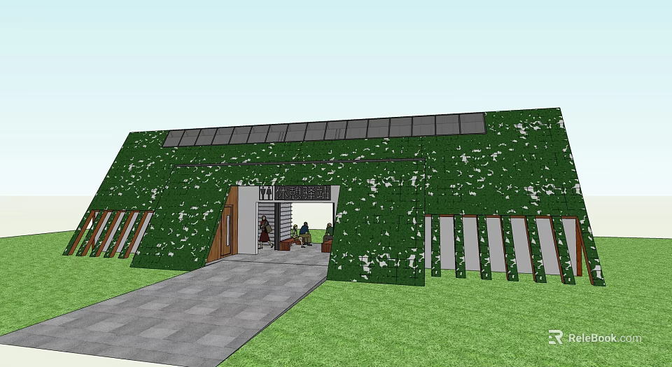 Green Wall Building Exterior With Solar Panels Entrance Pathway And Lawn 3d model 