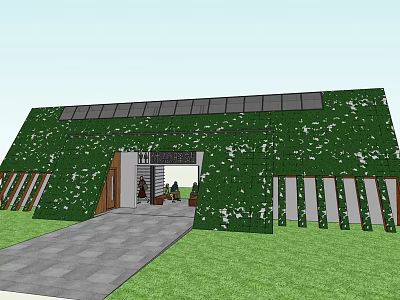Green Wall Building Exterior With Solar Panels Entrance Pathway And Lawn 3d model