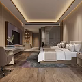 Modern Hotel Room Interior With King Bed Wooden Walls Large Window TV Desk And Rug