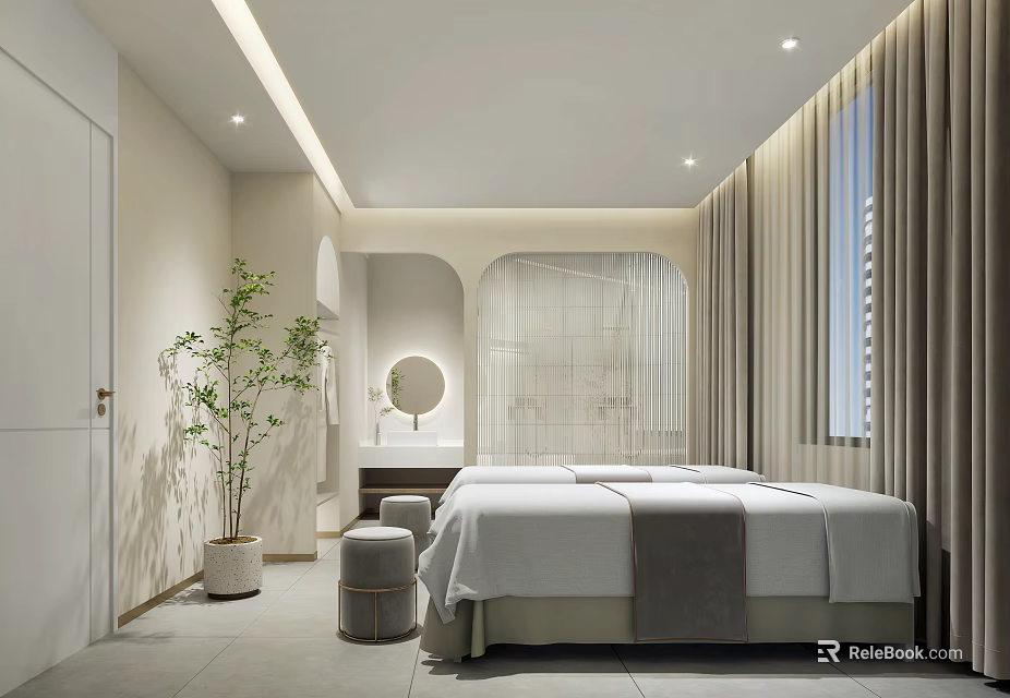 Luxurious SPA Sauna Relaxation Room With Modern Design Comfortable Bed Green Plants And Soft Lighting 3d model 