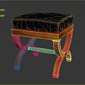 Wooden Stool With Curved Legs And Dark Blue Striped Cushioned Seat