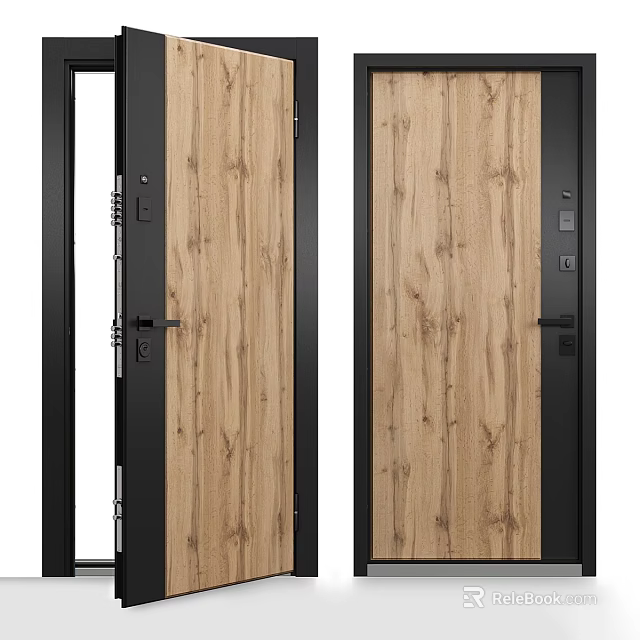 Wood Grain Security Door With Black Frame And Secure Lock System Design 3d model 